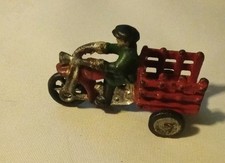 Vintage Cast Iron Motorcycle w Sidecar Trailer  Rider Red Green Silver Black