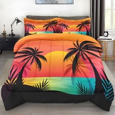 Comforter Set Queen Size, Beach Sunset Palm Tree 3 Pcs Soft Bedding for and A...