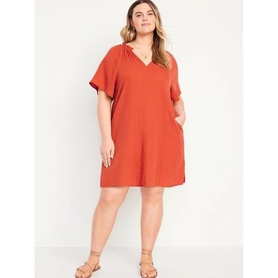 Old Navy Womens Gauze Shift Dress Size 2X Orange Flutter Sleeve Boho V-Neck