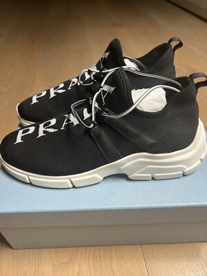 Prada Black/White Logo Knit Fabric Low Top Womens Sneakers