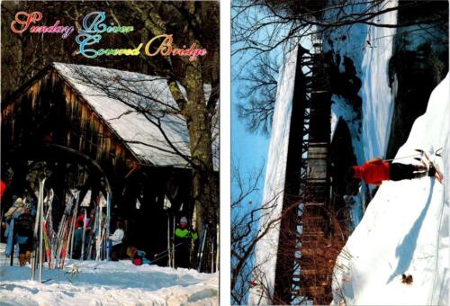2~4X6 Postcards  Newry ME Maine CROSS COUNTRY SKIERS~SUNDAY RIVER COVERED BRIDGE - Picture 1 of 5
