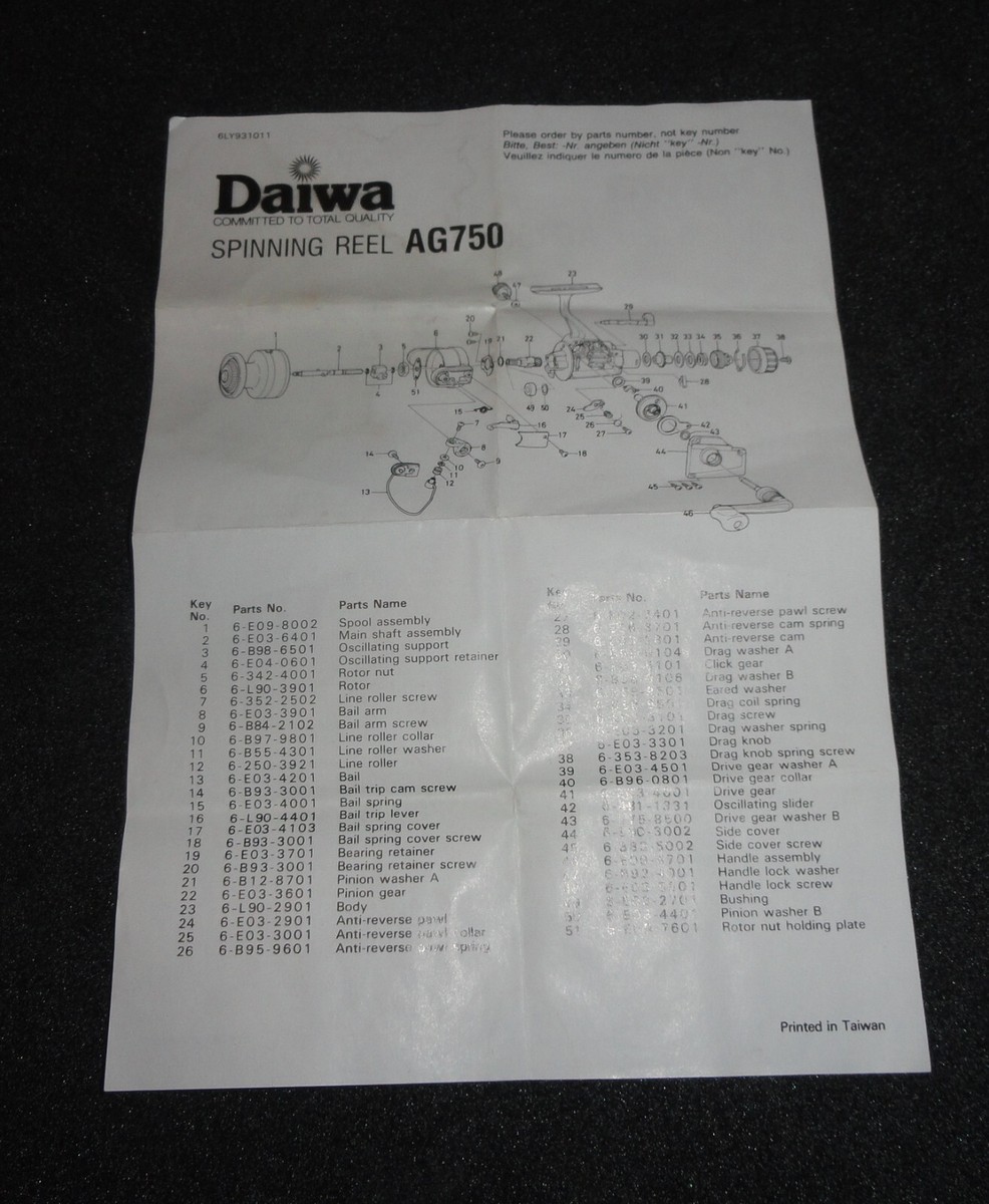Daiwa AG750 Spinning Fishing Reel Schematic and Parts List in