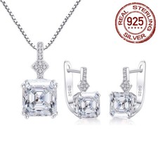 Princess Cut Cubic Zirconia 925 Silver Huggie Hoop Earrings Necklace Jewelry Set