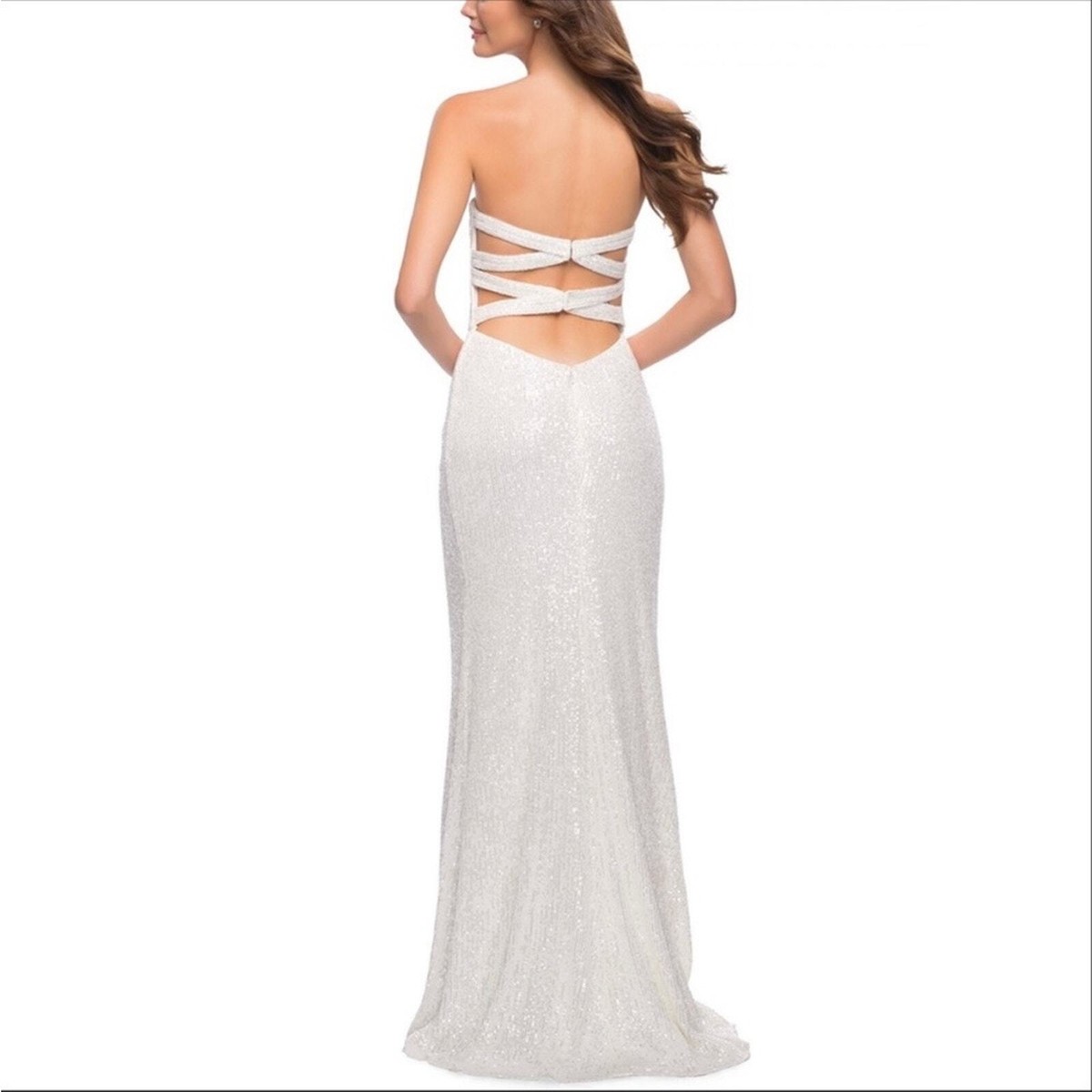la femme white sequin dress La Femme Faux Wrap Skirt Simple Sequin Strapless Dress White