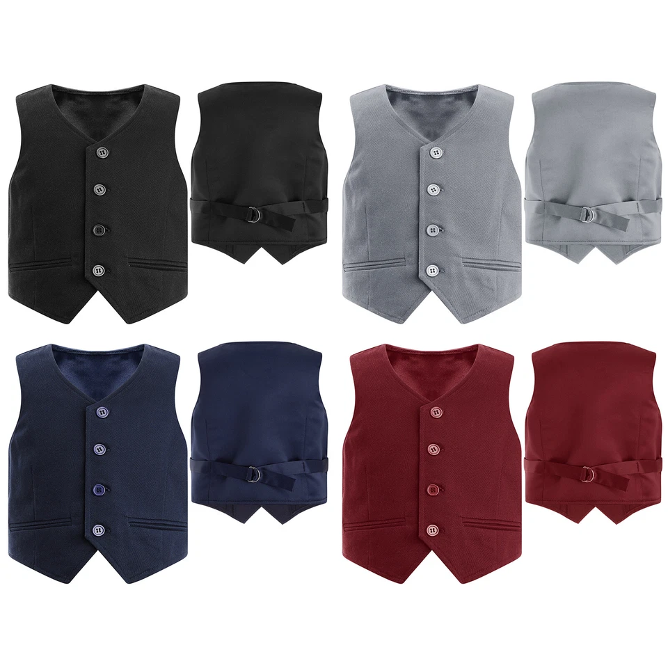 Kids Boys 4 Button Solid Color Formal Suit Waistcoat Party Dressy Gentleman Vest - Image 2 of 2