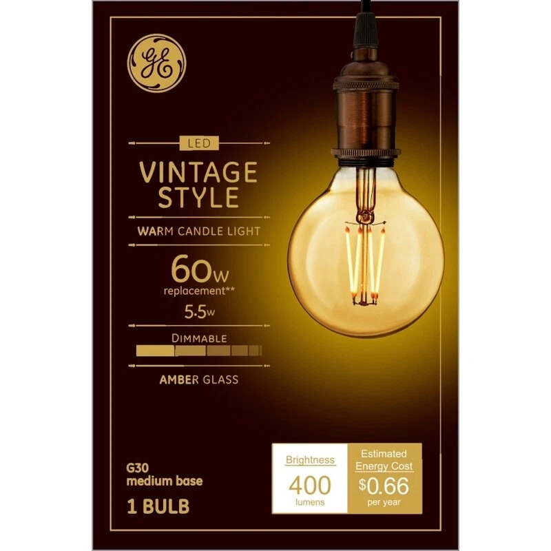 GE Lighting 42183 5.5W 400 Lumens Warm White G30 Vintage Style LED Light Bulb