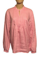 Chaps Women's Baby Doll Top Long Sleeve Pink V-Neck Pin Tuck XL 100% Linen