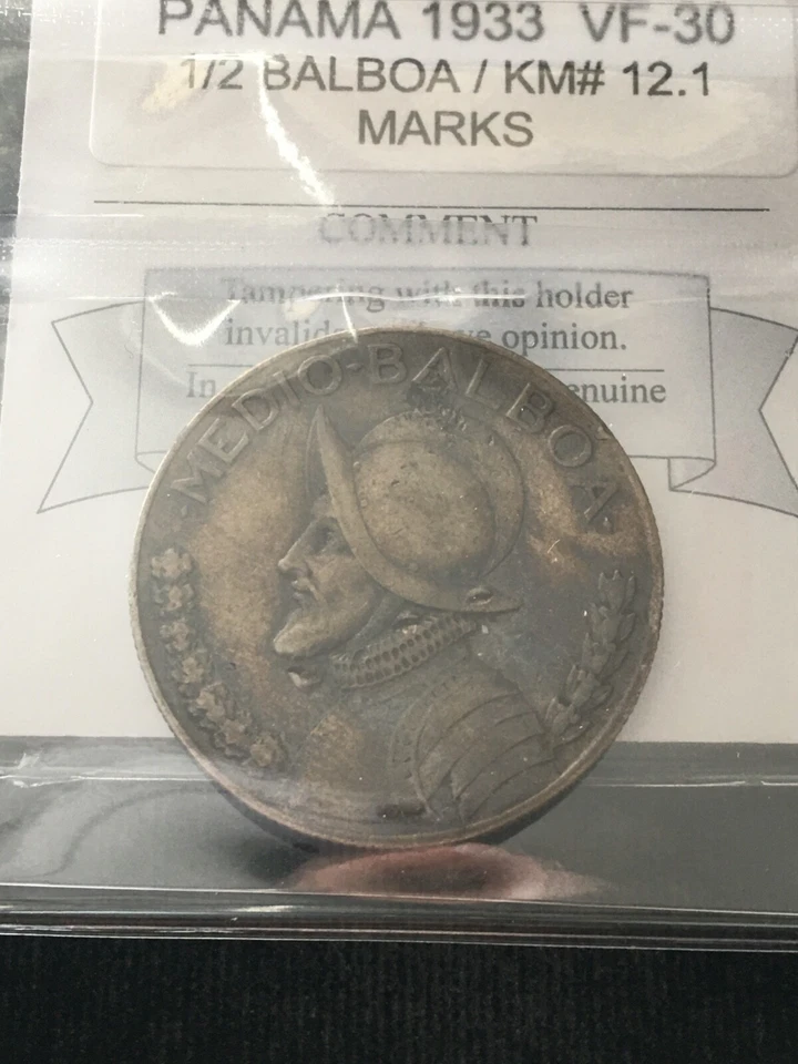 1933  Panama, 1/2 Balboa, Coin Mart Graded **VF-30 Marks** KM# 12.1 - Image 2 of 4