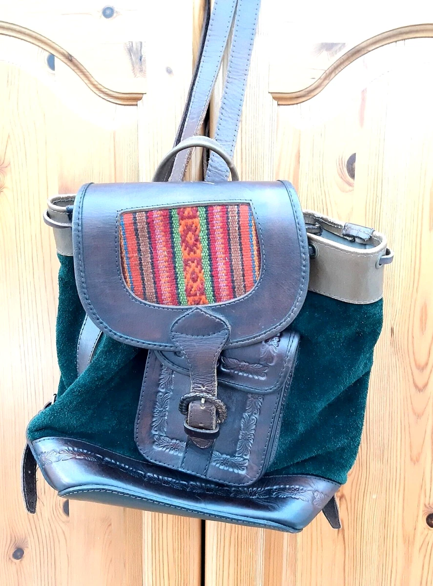 BEARA BEARA Vintage Style Green Suede Leather Bag Backpack