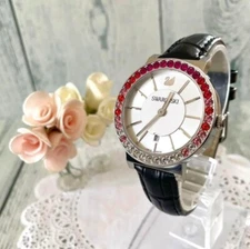 Swarovski Watch with Stone Bezel Red Used From Japan Check description