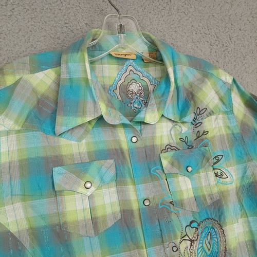 Wrangler Women's Large Plaid Embroidered Pearl Snap Shirt Metallic Threads - Picture 8 of 11