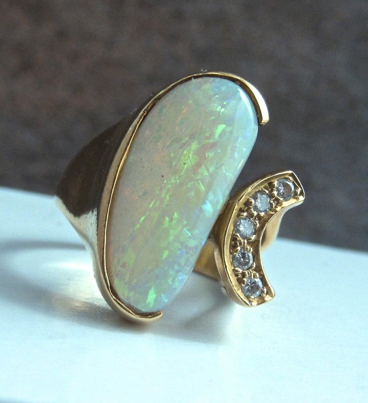 18k Gold Opal Diamond Ring Designer Modernist Asymmetrical Bold Design