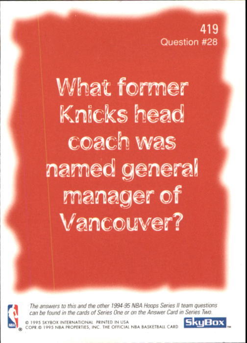 199495 Hoops Vancouver Grizzlies Basketball Card 419 Vancouver