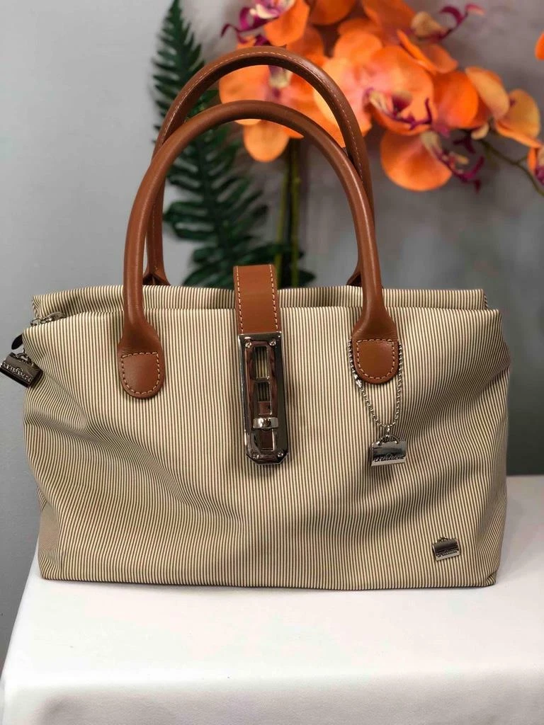 LA BAGAGERIE Thin Strips Ivory Nylon w. Leather Trim Handbag Purse