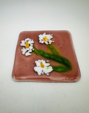 Fused Art Glass Square Flower Trinket Vanity Dish Sushi Plate Coaster