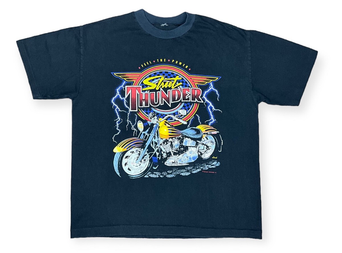Vintage 80's Street Thunder Lightning Bolt Biker Shirt Tee Black