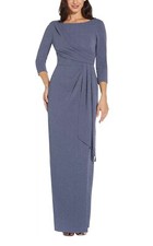 Adrianna Papell Gathered Waist Metallic Threaded Gown Steel Blue Size 2