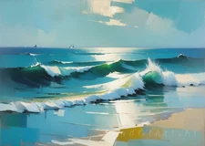 Contemporary Landscape Ocean Waves Poster Wall Art Picture