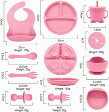 Baby Feeding Set Silicone with Suction Bowls Divided Plates Adjustable Bib Forks