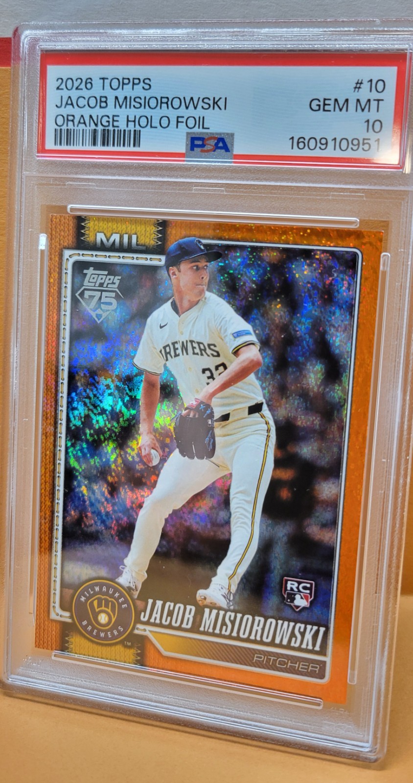 2026 Topps Baseball #10 Jacob Misiorowski Orange Holo Foil PSA 10 Gem Mint 13/25 view 3