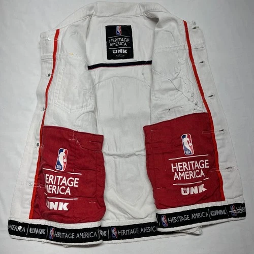 Heritage America UNK NBA Denim Vest Mens M White Distressed All Over Patches NWT image 14