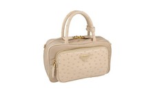 PRADA Ostrich Leather + Nylon Top-Handle Bag - 1BB106 - Beige - NEW