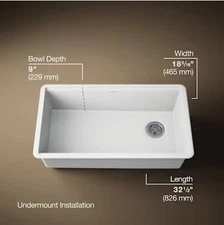 Kohler K-33710-CM6 Billings 32-1/2" Undermount Kitchen Sink - Composite Stone