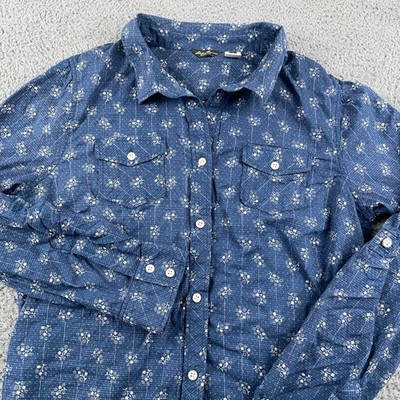 Eddie Bauer Shirt Womens Small Blue Floral Print Roll Tab Button Up Long Sleeve