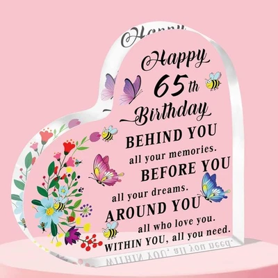 QMVMV 65th Birthday Gifts for Women, Personalised Heart Shaped Acrylic 65th birthday