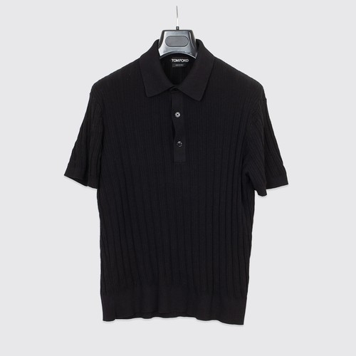 Tom Ford Polo Shirt Size EU52 Solid Black Cotton Silk Blend Knit Short Sleeve