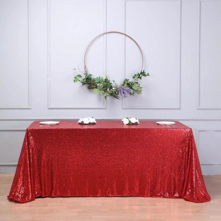 90x132" Red SEQUIN RECTANGLE TABLECLOTH Wedding Party Catering Linens - Image 3 of 4