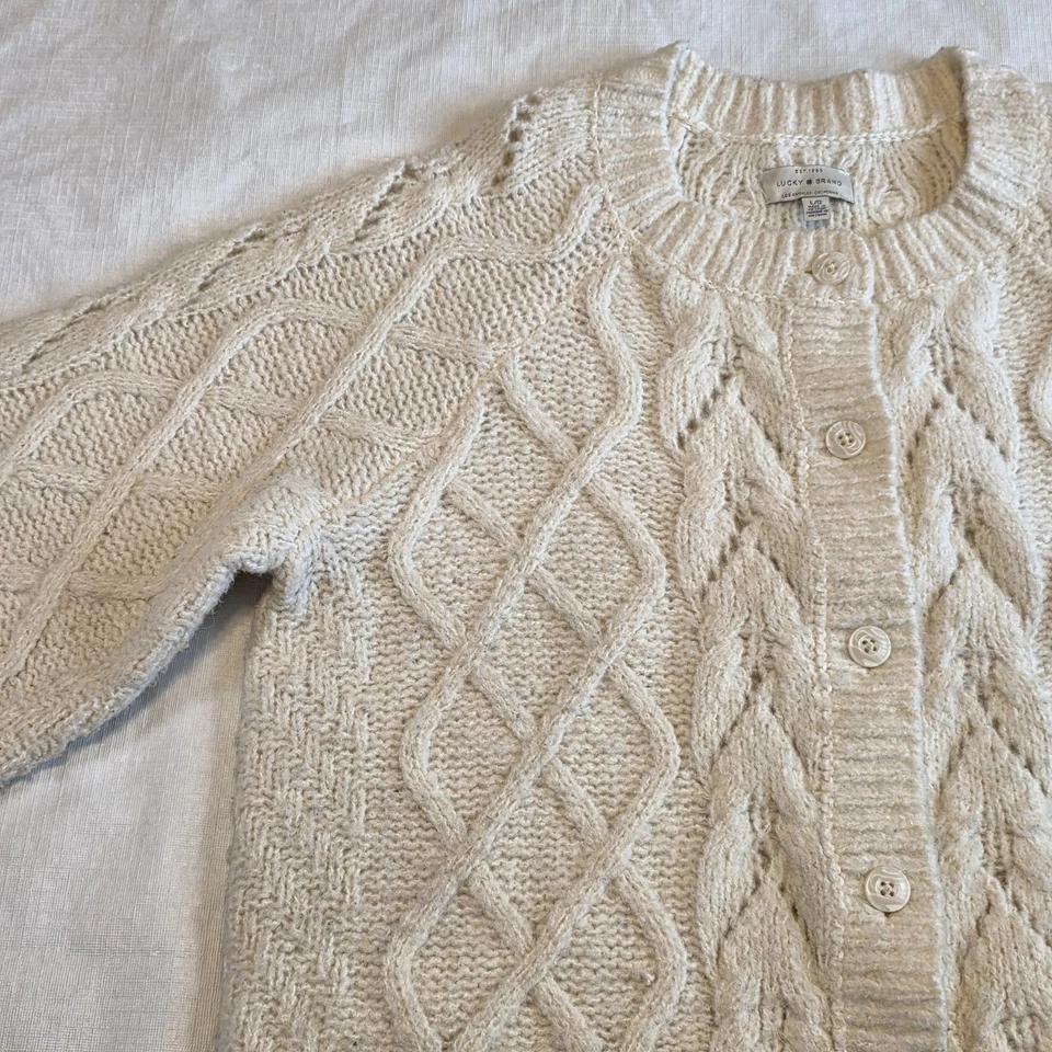 Lucky Brand Cream Cable Knit Button Front Cardigan Sweater Women’s L Chunky Soft - Image 2 of 4