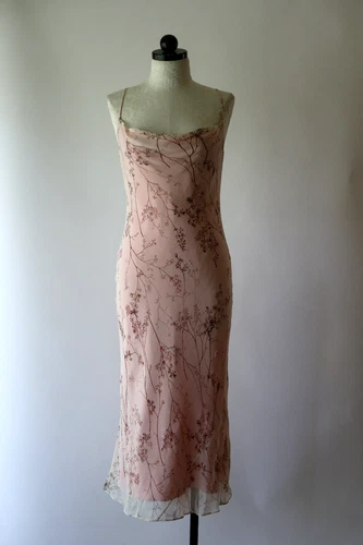 Y2K Vintage Pink Silk Chiffon Bias Cut Sequin Floral Backless Slip Dress Women S