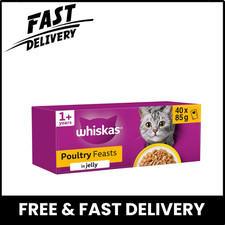 40 x 85g Whiskas 1+ Poultry Feasts Mixed Adult Wet Cat Food Pouches in Jelly 5.64 per kilo