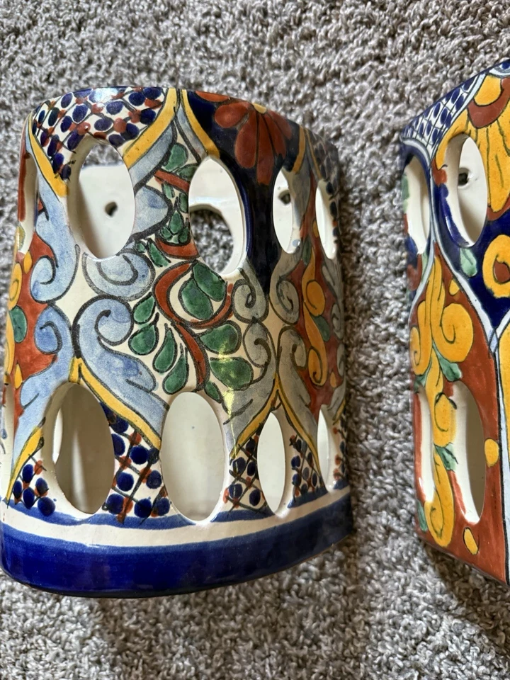 2 Mexican Handmade Pottery Talavera Wall Lighting Sconce Roughly 10” - Image 3 of 4
