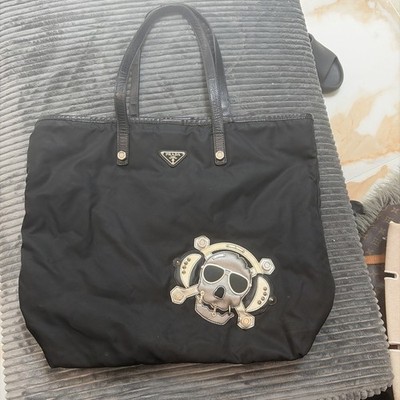 Prada Black Nylon Skull Tote Large Authentic Rare With Metal And Leather Accents