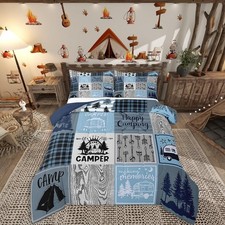 Kids Camper Comforter Set Queen Happy Camping Bedding Set Rv Bunk Accessories...