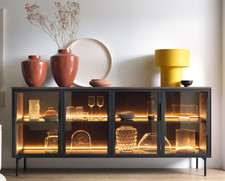 Design Kommode 181 cm Eiche Dunin 4 Türen Glas LED Modern Wohnzimmer Sideboard