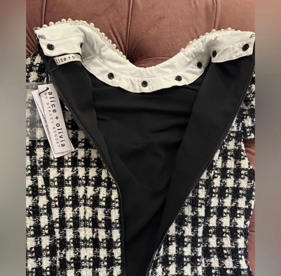 Alice + Olivia Size 2 Velia Houndstooth Tweed Mini Dress Crystal Pearl Collar  - Image 4 of 4