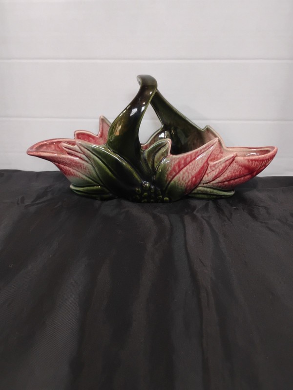 Vintage Hull Pottery Handled Planter Poinsettia Red & Green 