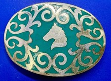Horse Head Blue Green Enameled Nickel Silver Belt Buckle by Frontier Buckles