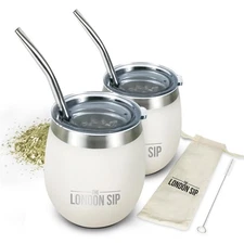 London Sip Yerba Mate Cup and Bombilla Set, Includes 2 Gourds (8 oz each), Sp...