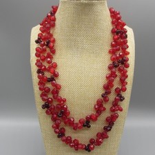 Vintage Beaded Necklace Double Strand Red Faceted Acrylic 19 Inch