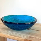 7" Teal Glass Blenko Star Pattern Vintage Bowl Art Studio Hand Rendered