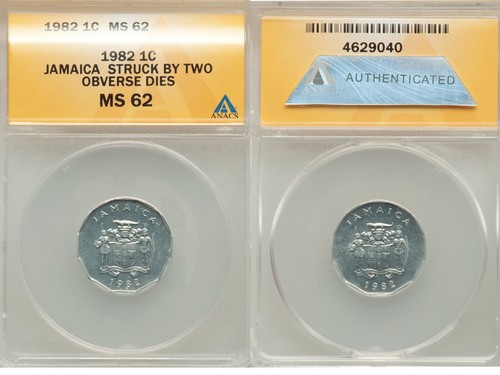 ER355 1982 Jamaica Mint Error - Struck by Two Obverse Dies Cent ANACS MS62