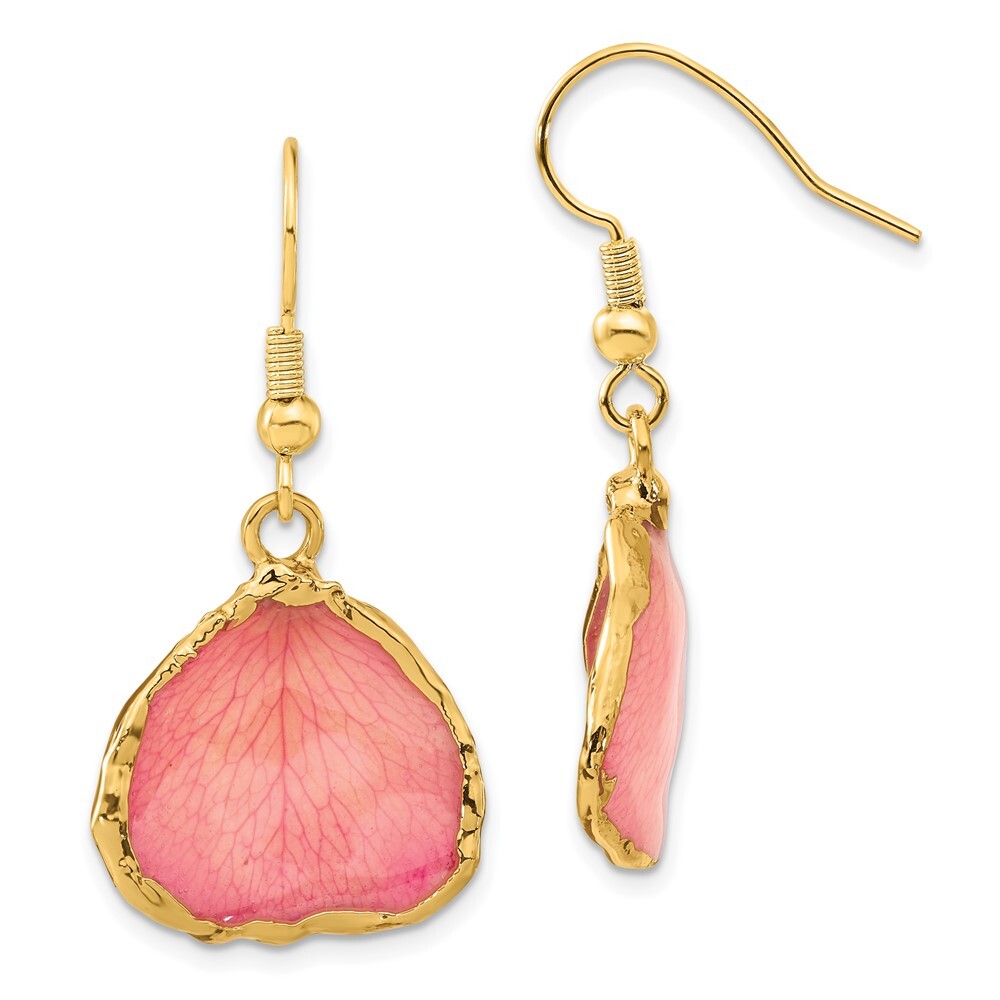 Lacquer Dipped 24k Gold Trim Pink Rose Petal Dangle Earrings Lacquer Dipped 24k Gold Trim Pink Rose Petal Dangle Earrings