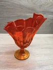 Vintage MCM Fenton Amberina Glass Thumbprint Handkerchief Swung Vase 9”x6”