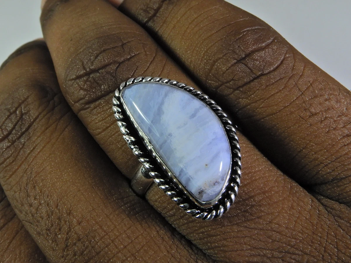 Natural Blue Lace Agate 925 Solid Sterling Silver Ring Size US 9
