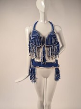 1980  S BLUE THICK RAYON CORD KNIT DANCE COSTUME W PEARL TRIMS