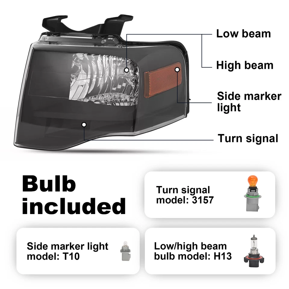 For Ford Expedition 2007-2014 Black Headlights Amber Corner W/bulbs Pair DOT - Image 2 of 4